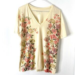 Lucky Brand Lemon Graphic Tee Yellow Floral V Neck Distressed Vintage Style